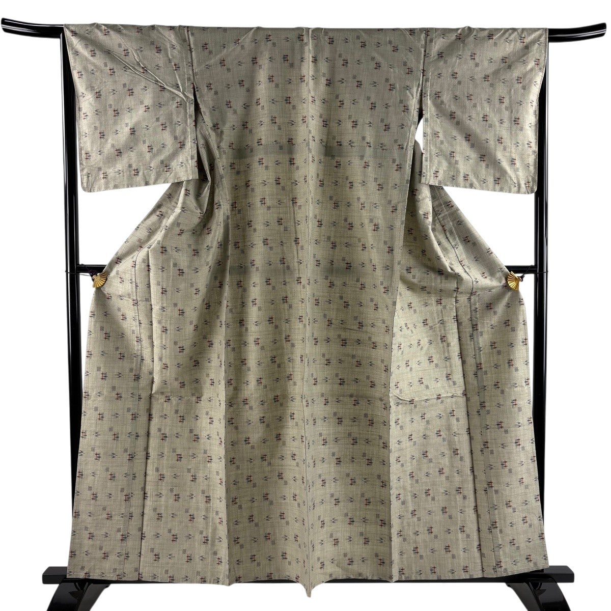 美品】 紬 身丈160.5cm 裄丈66.5cm M 単衣 燕 絣柄 灰緑 正絹 名品