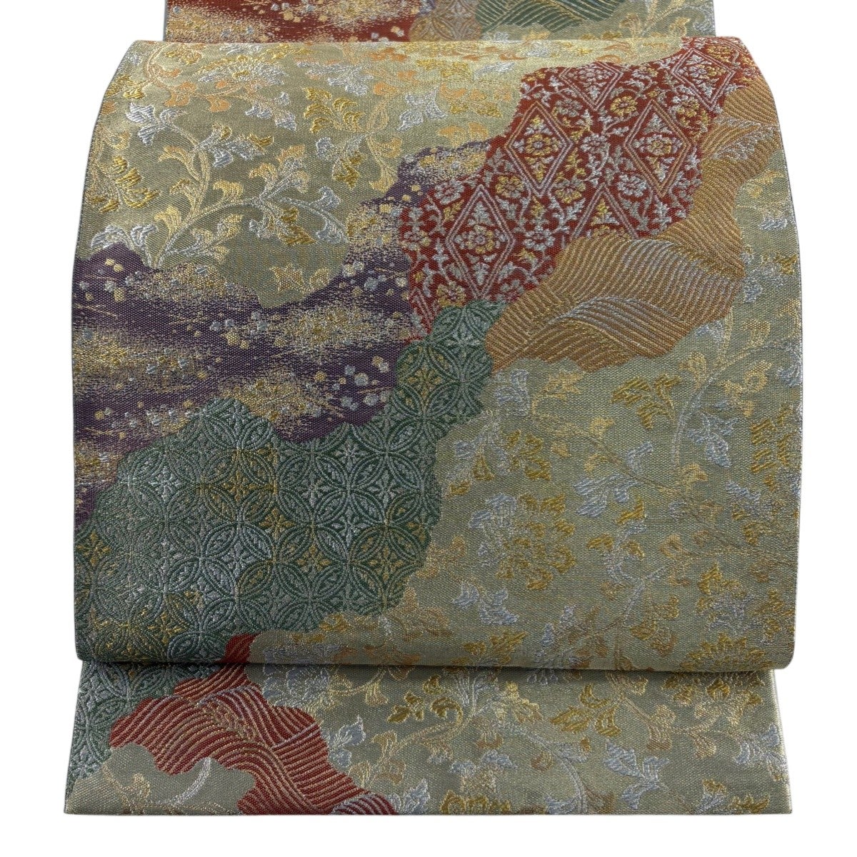 美品】 袋帯 秀品 華文 花唐草 唐織 箔 銀色 六通 正絹｜中古・古着