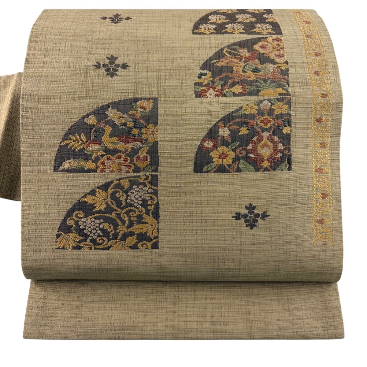 美品】 名古屋帯 優品 八寸名古屋帯 鳥 草花 ベージュ 正絹｜中古
