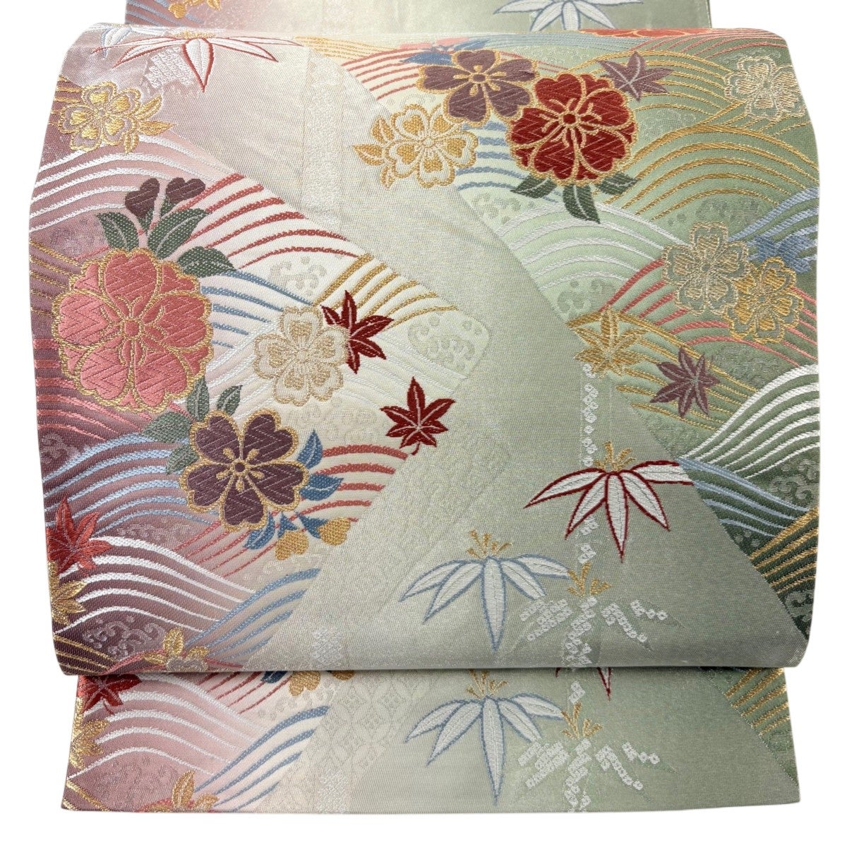 袋帯 名品 花唐草 花 銀糸 刺繍 灰色 六通 正絹｜中古・古着