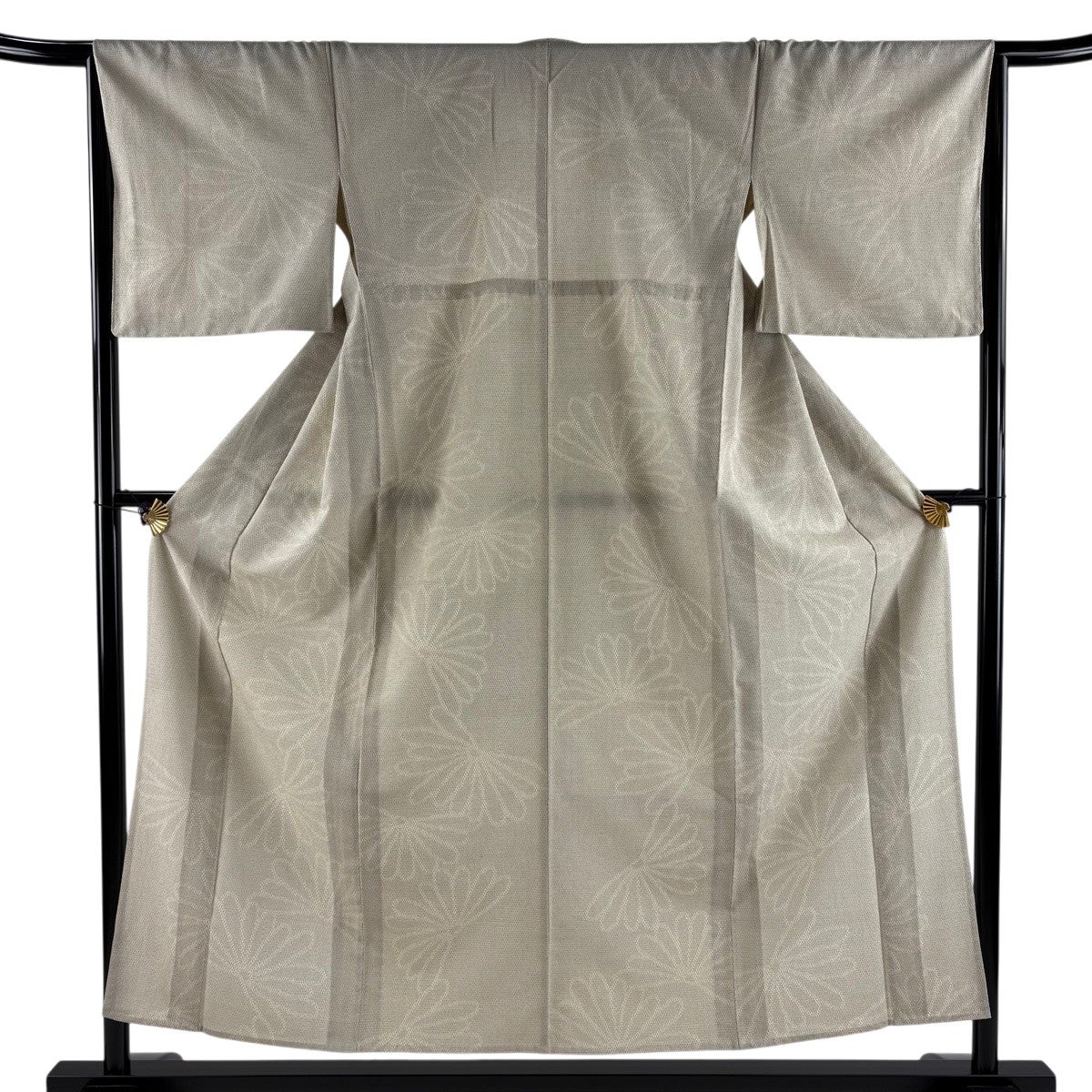 美品】 紬 身丈159cm 裄丈64cm M 単衣 井桁絣 縦縞 薄茶色 正絹 名品