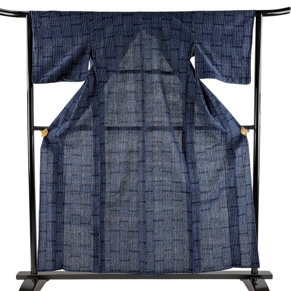 新品 単衣 綿紬 格子絣 藍染 浜松 遠州織 居敷当て トールサイズ 裄丈72 紬 身丈158cm 裄丈61.5cm S 単衣 久留米かすり 証紙あり 幾何学 紺色