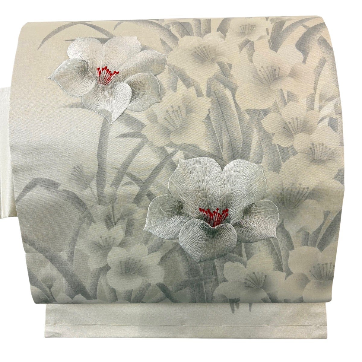 美品】 名古屋帯 優品 草花 銀糸 刺繍 クリーム 正絹｜中古・古着