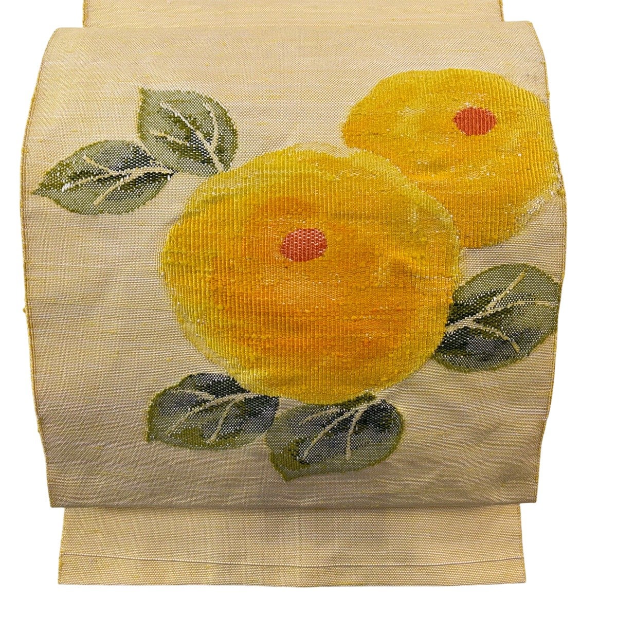 美品】 名古屋帯 優品 八寸名古屋帯 松葉仕立て 万寿菊 紬地 薄黄 正絹