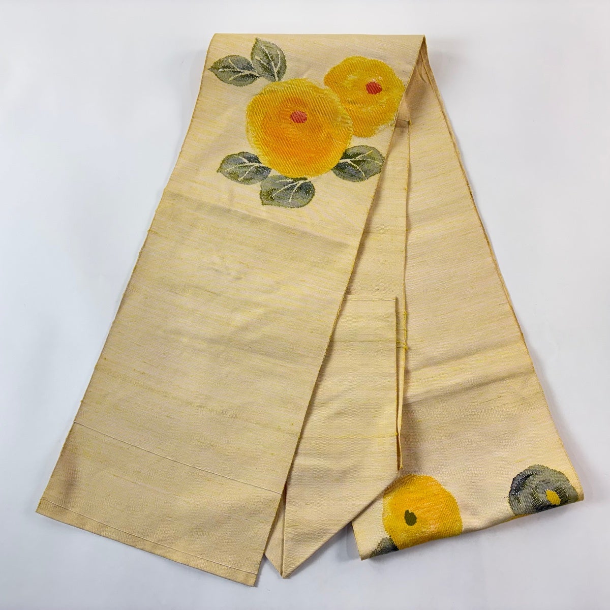 美品】 名古屋帯 優品 八寸名古屋帯 松葉仕立て 万寿菊 紬地 薄黄 正絹