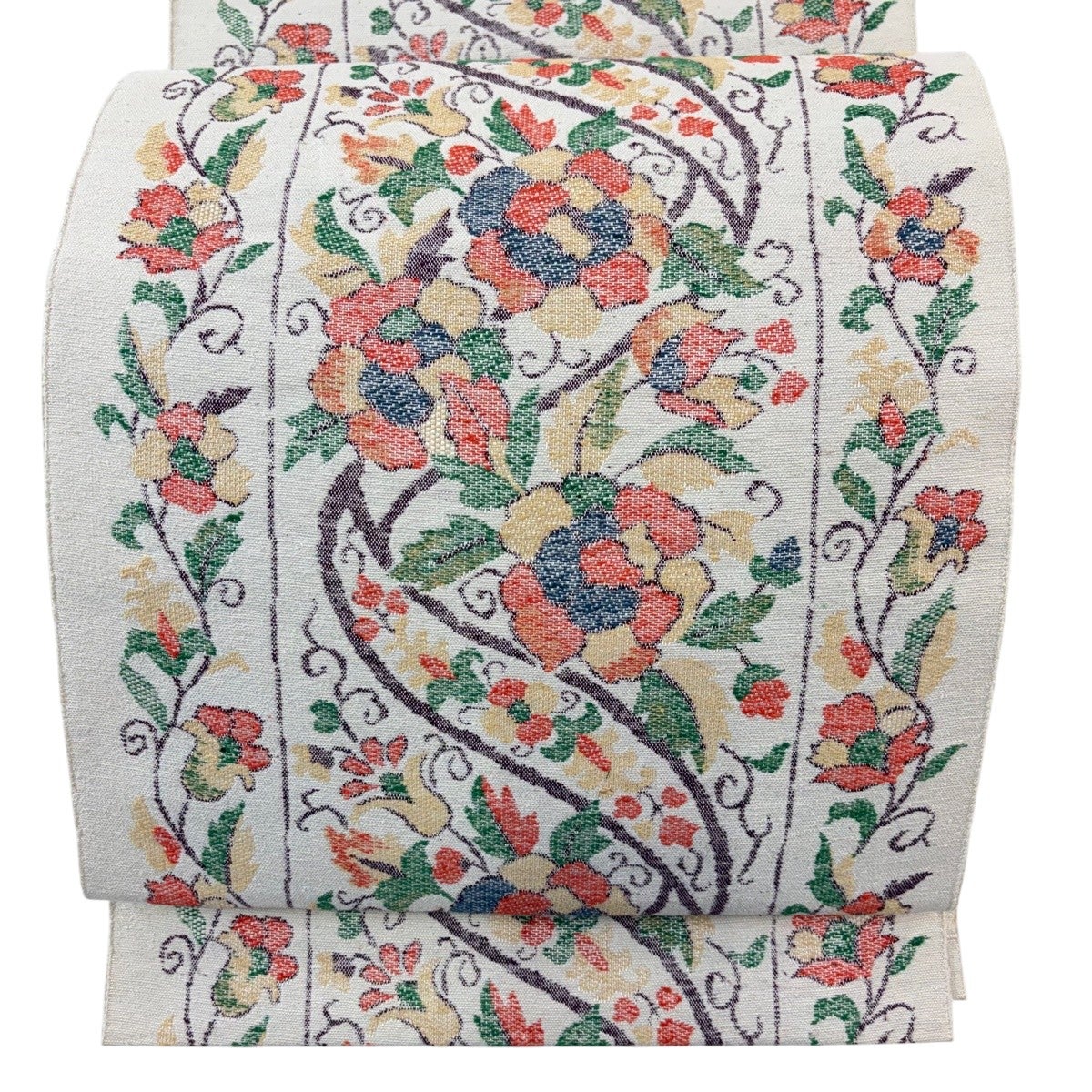 美品】 名古屋帯 優品 八寸名古屋帯 花唐草 紬地 ベージュ 正絹｜中古