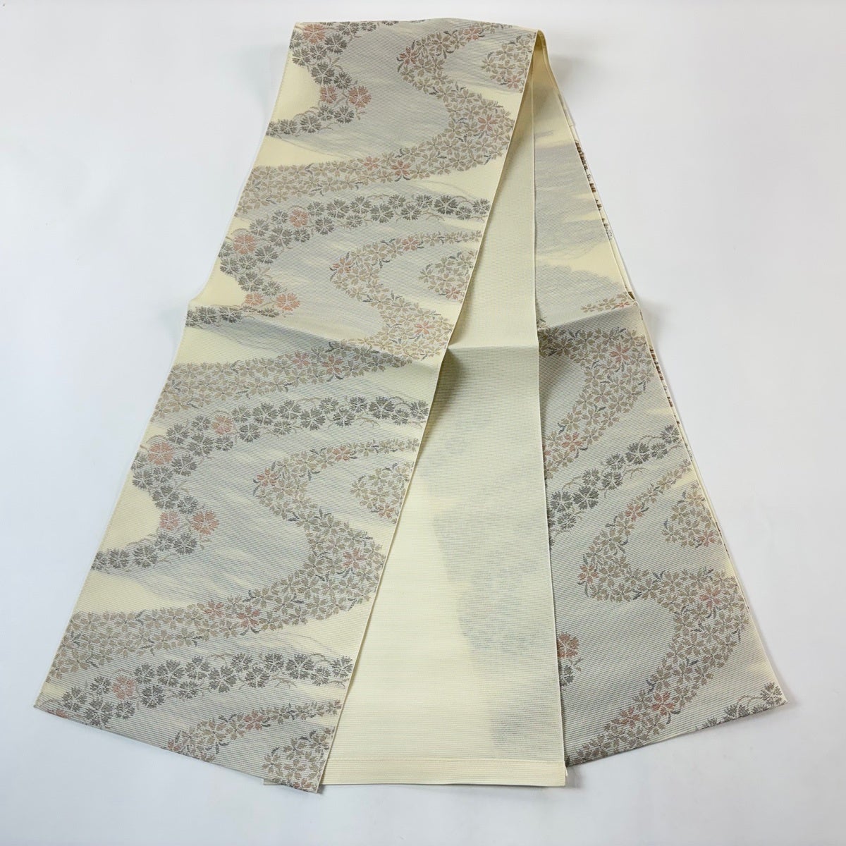 美品】 名古屋帯 優品 夏帯 絽 桜 撫子 クリーム 正絹｜中古・古着