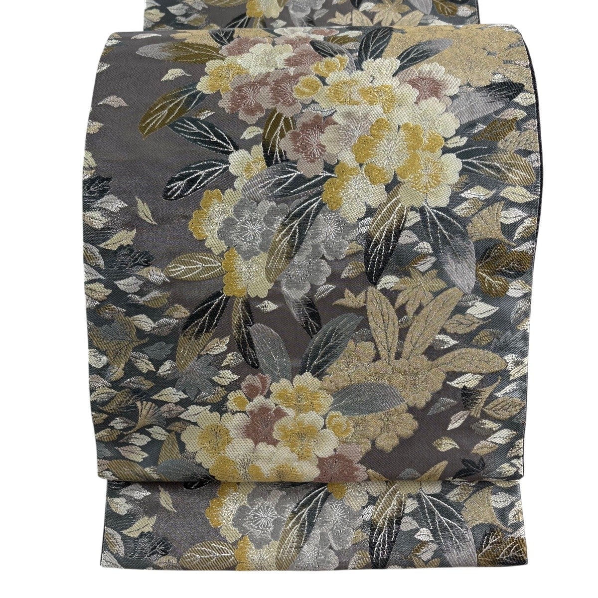 美品】 袋帯 名品 草花 桜 銀糸 灰色 六通 正絹｜中古・古着