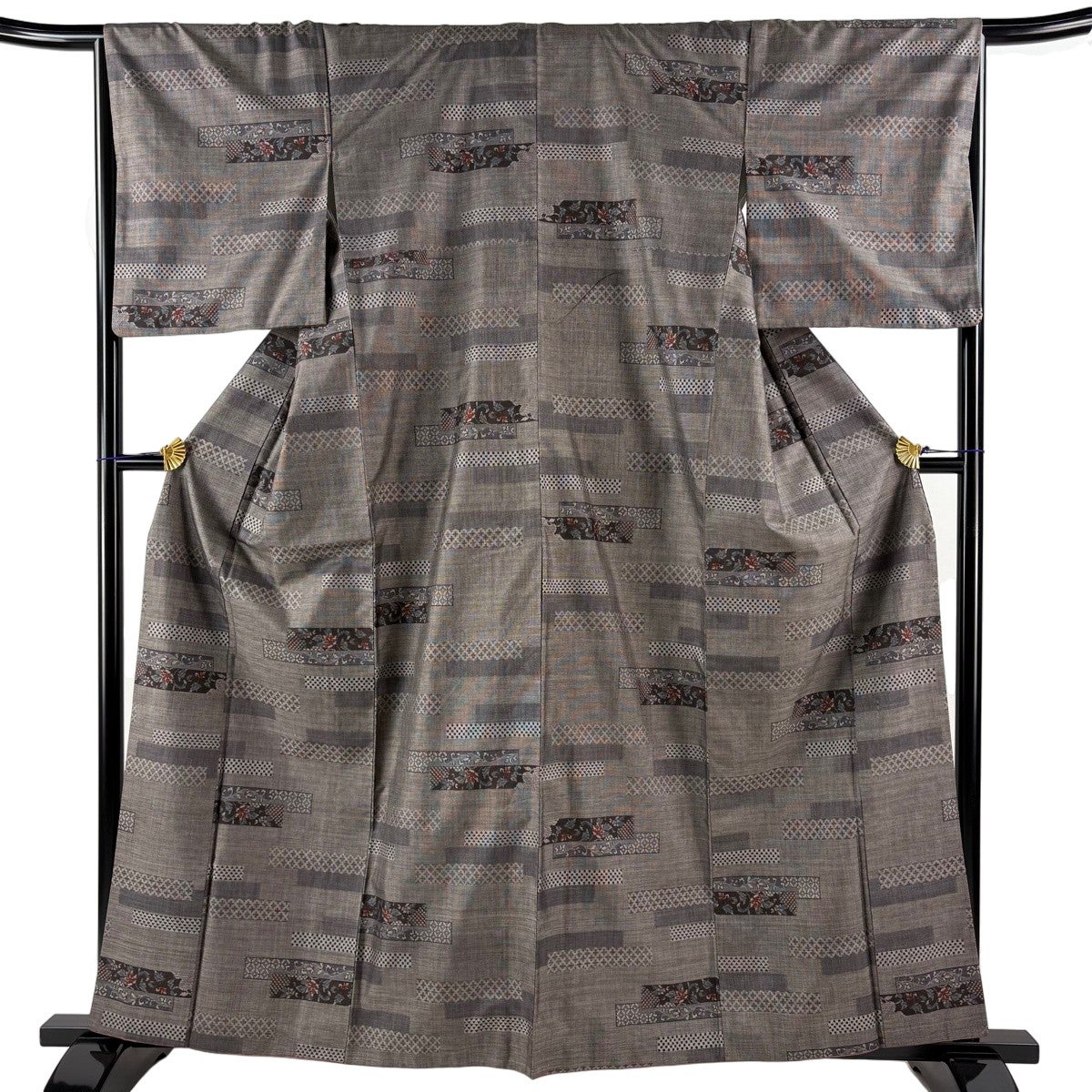 美品】 紬 身丈160.5cm 裄丈65cm M 袷 袋帯セット 幾何学 薄茶色 正絹