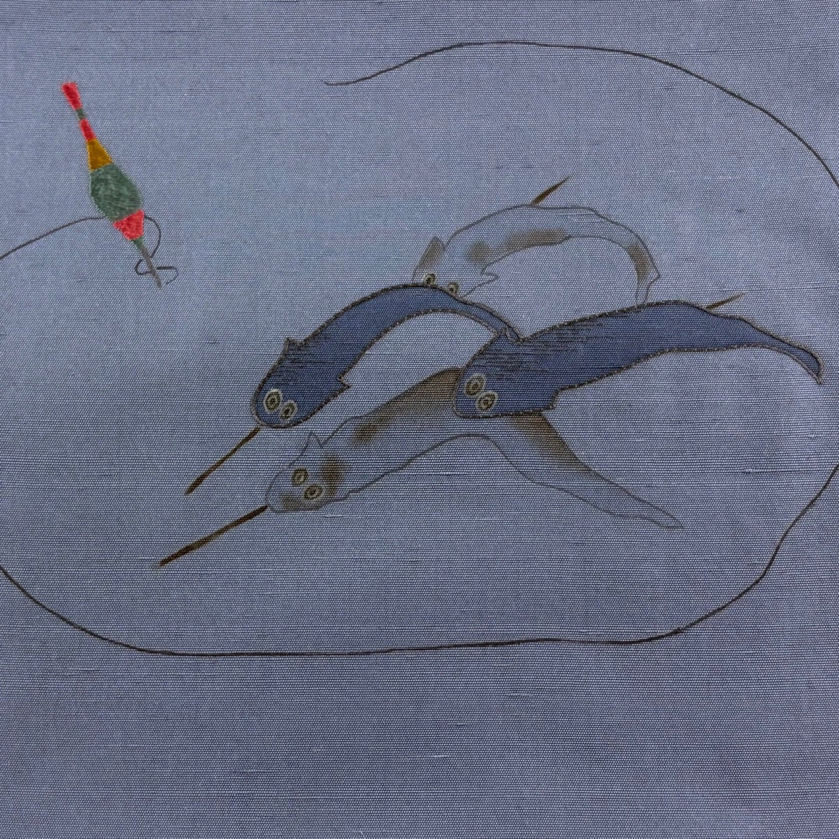 魚*中様 織の美しい　名古屋帯　絹100% 紬 美品】 名古屋帯 秀品 紬地 釣り糸 魚 刺繍 灰紫 正絹｜中古・古着