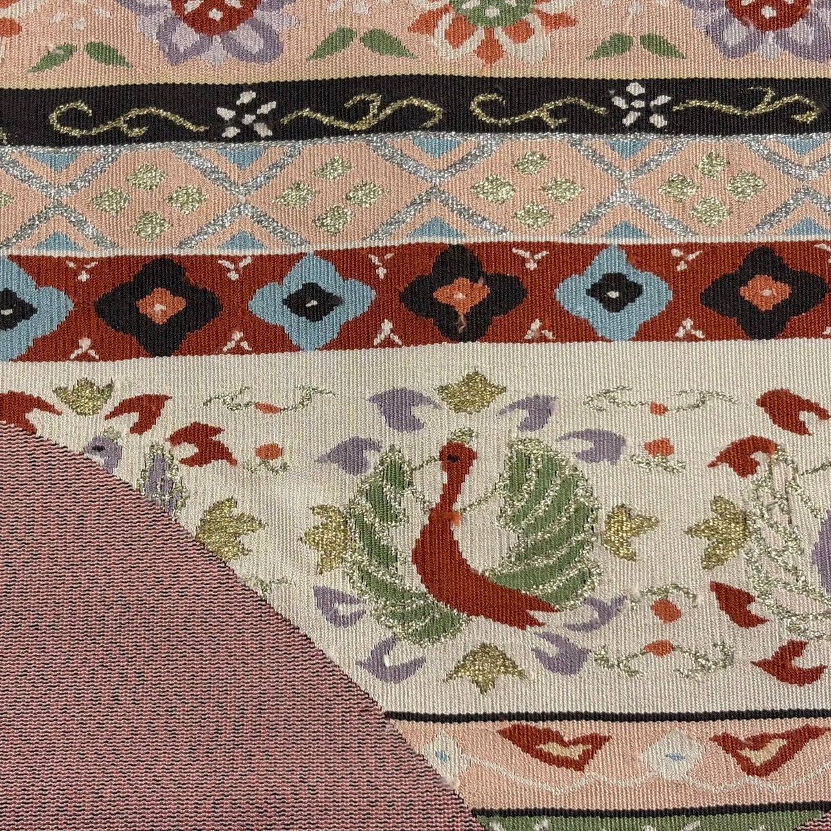 名古屋帯 秀品 八寸名古屋帯 鳥 草花 金銀糸 ピンクベージュ 正絹