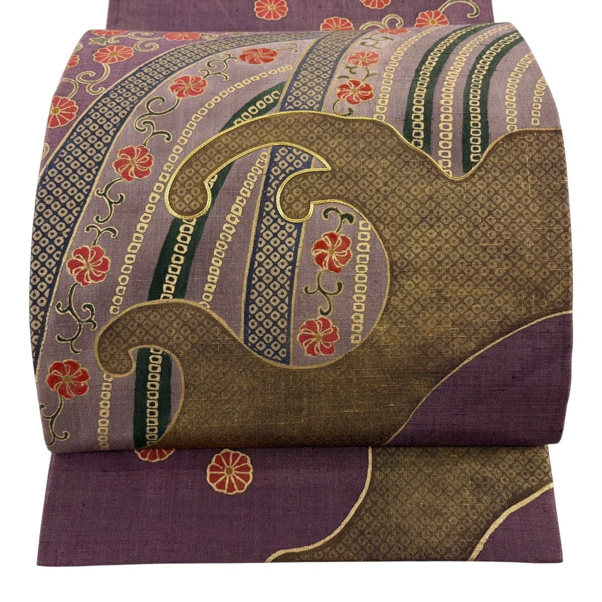 美品】 袋帯 秀品 花唐草 波頭 金糸 金彩 紫 お太鼓柄 正絹｜中古