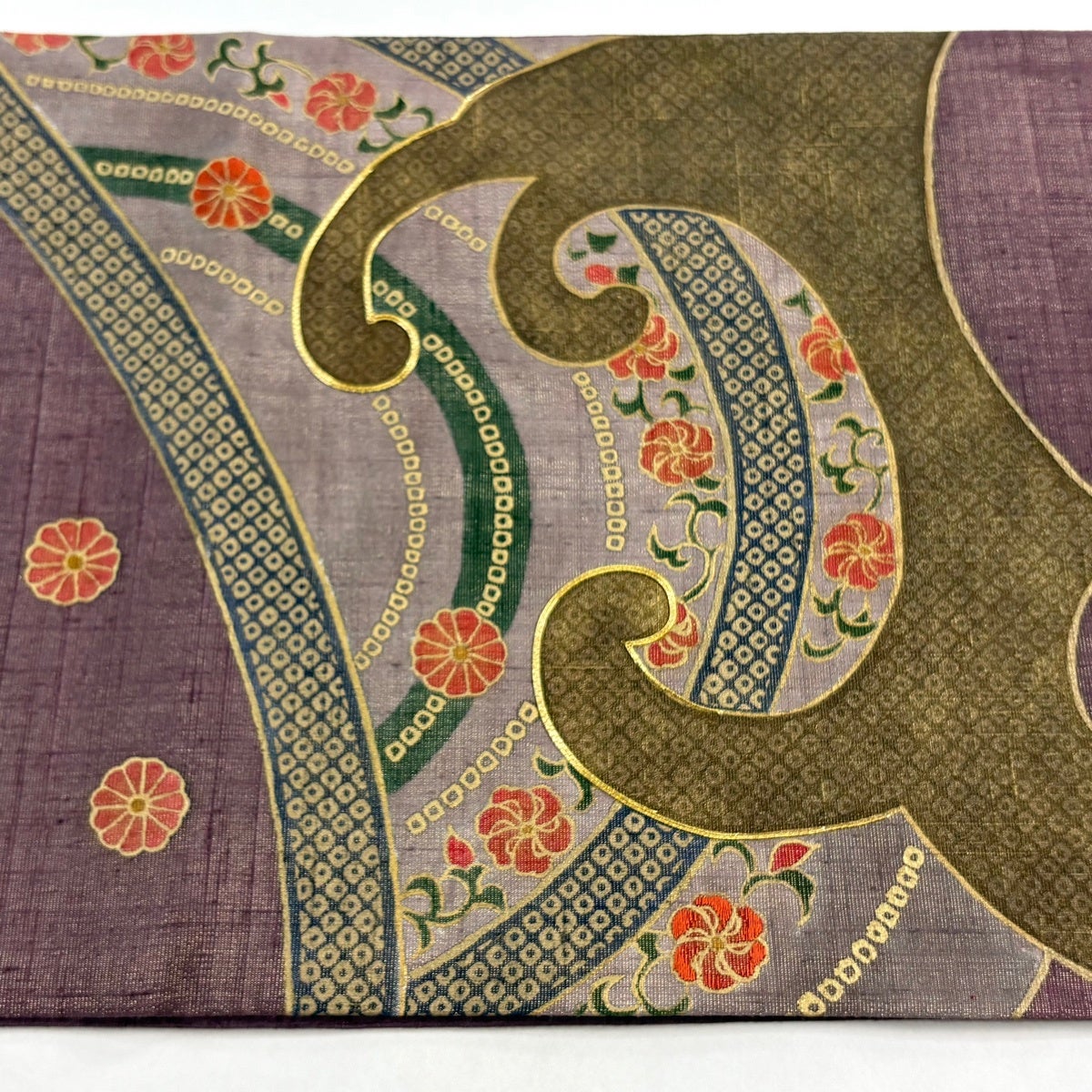 美品】 袋帯 秀品 花唐草 波頭 金糸 金彩 紫 お太鼓柄 正絹｜中古