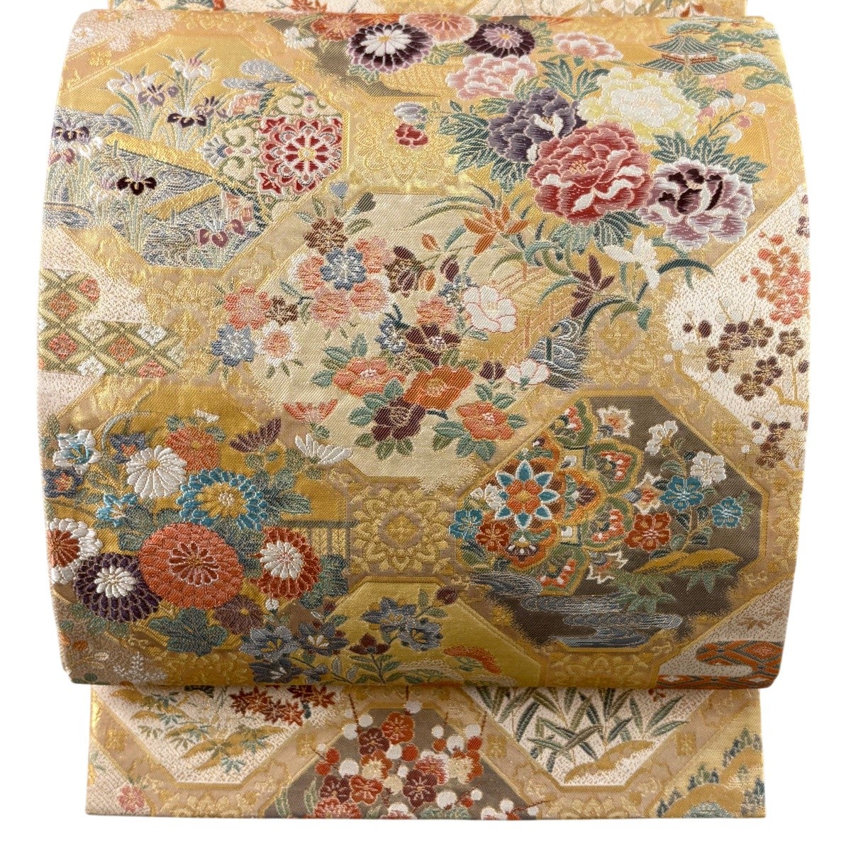 袋帯 秀品 花丸文 蜀江文 金糸 箔 金色 六通 正絹｜中古・古着