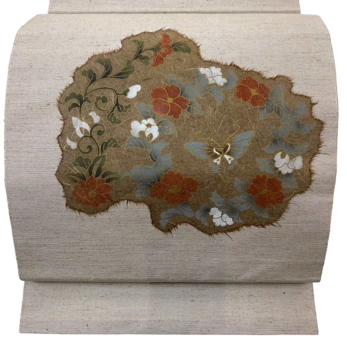 美品】 名古屋帯 秀品 紬地 八寸名古屋帯 蝶 草花 金彩 薄茶色 正絹