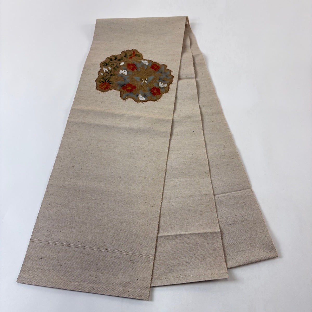 美品】 名古屋帯 秀品 紬地 八寸名古屋帯 蝶 草花 金彩 薄茶色 正絹
