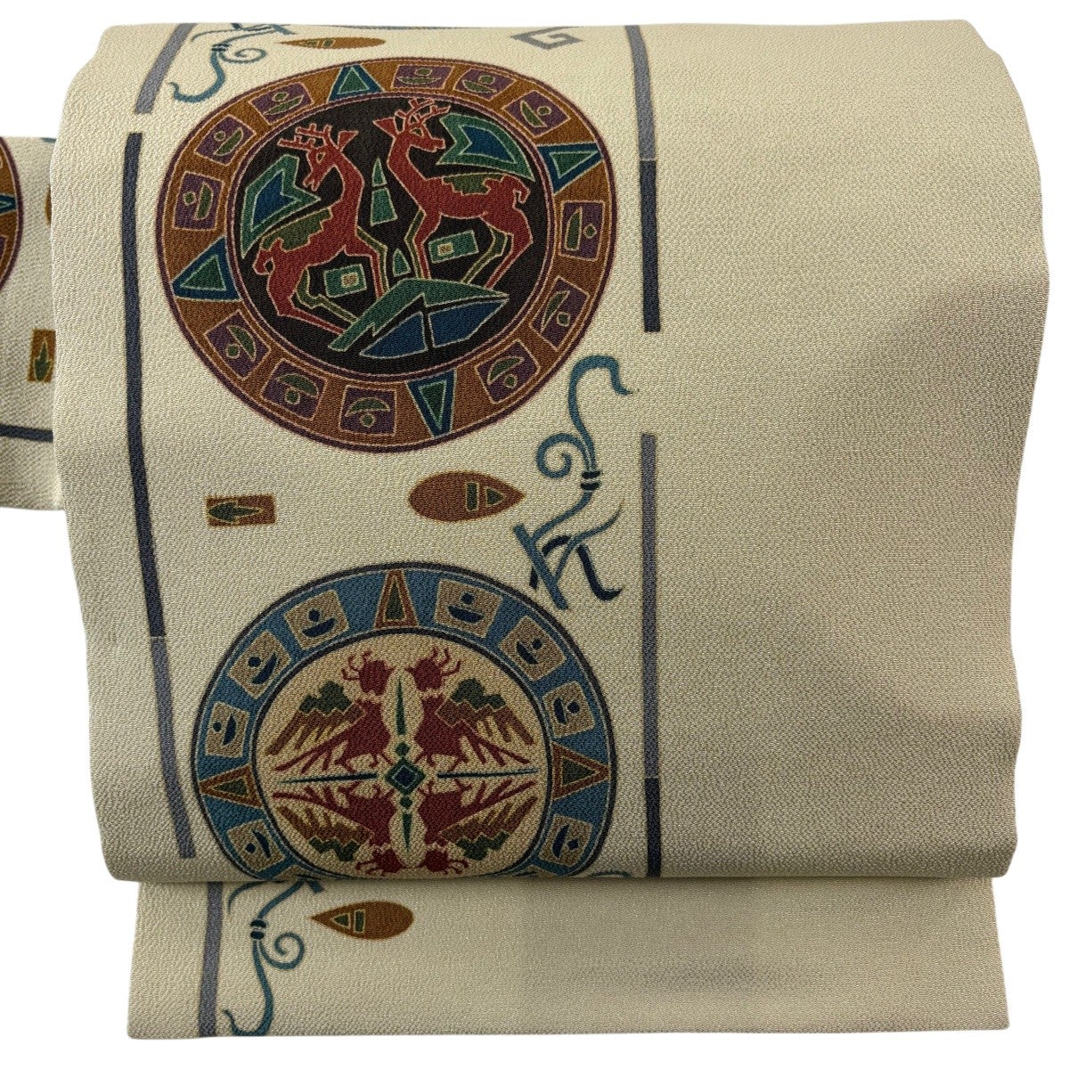 美品】 名古屋帯 秀品 動物 鏡裏文 縮緬 ベージュ 正絹｜中古・古着