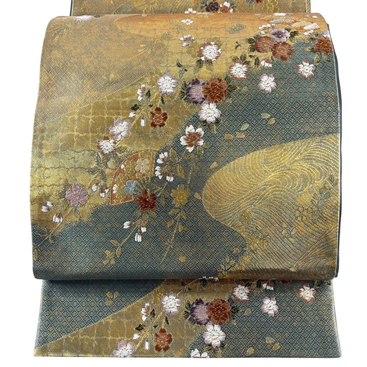 ZF-1332 袋帯 美品 正絹 豪華 唐織 六通 高級 逸品 名品 美品】 袋帯 秀品 桜 霞 箔 唐織 緑 六通 正絹｜中古・古着