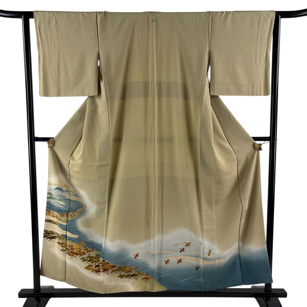 振袖フルセット袷 藤 草花 金糸 金彩 灰緑 正絹 色留袖 身丈167cm 裄丈65cm M 袷 鳥 草花 金糸 金彩 灰緑 正絹 秀品 一