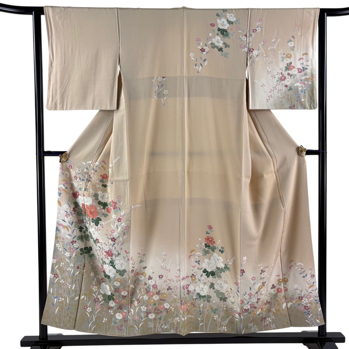 銀彩が美しい華紋訪問着◇正絹 クリームベージュ色 裄長トールサイズ 美品】 訪問着 身丈154.5cm 裄丈62cm S 袷 草花 萩 金銀彩 ぼかし