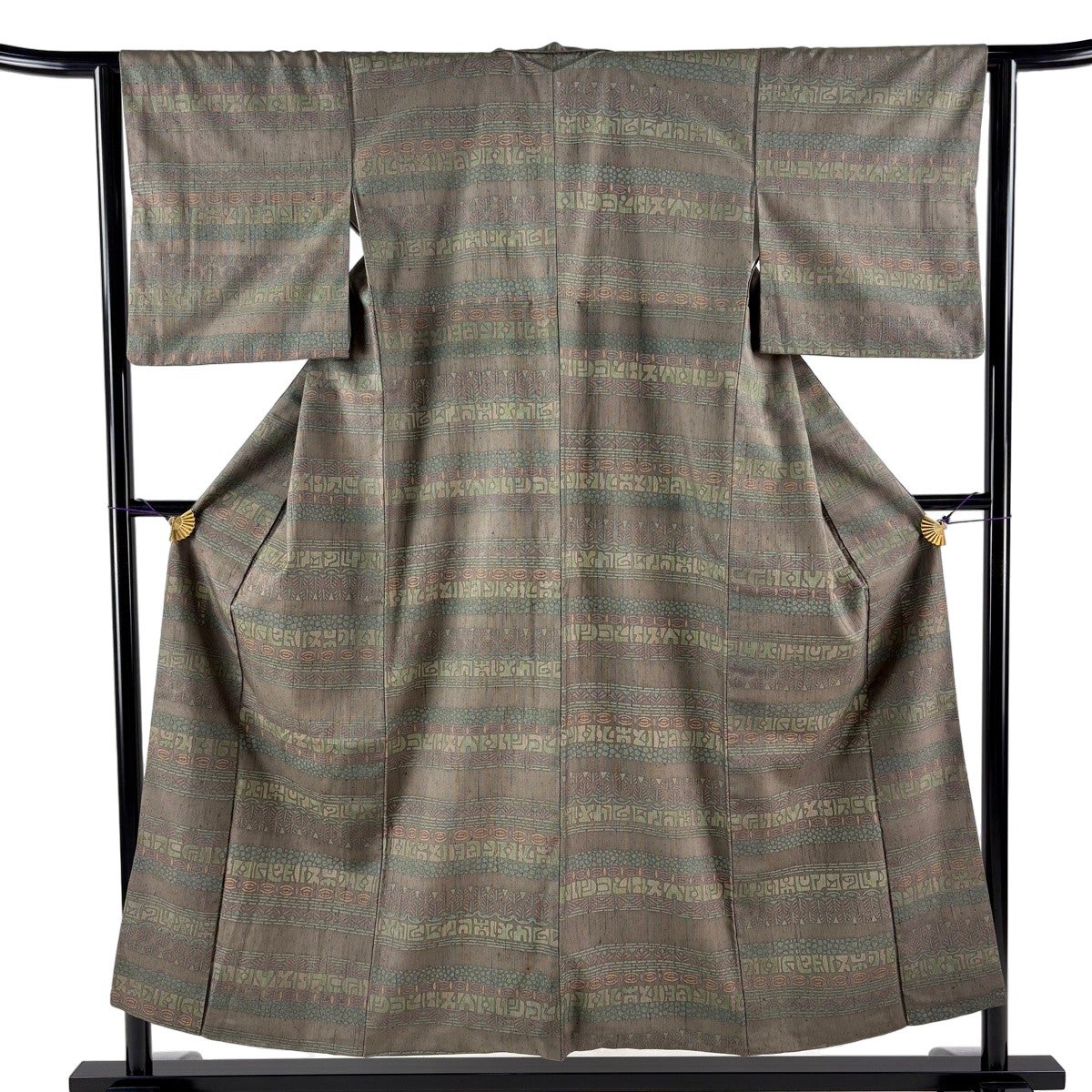美品】 小紋 身丈153cm 裄丈62.5cm S 袷 紬地 幾何学模様 茶緑色 正絹