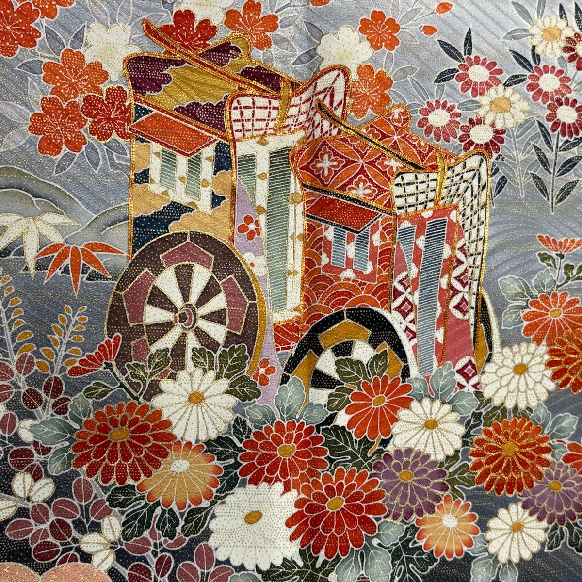 振袖 身丈164cm 裄丈64.5cm M 袷 御所車 草花 金糸 金彩 オレンジ 正絹