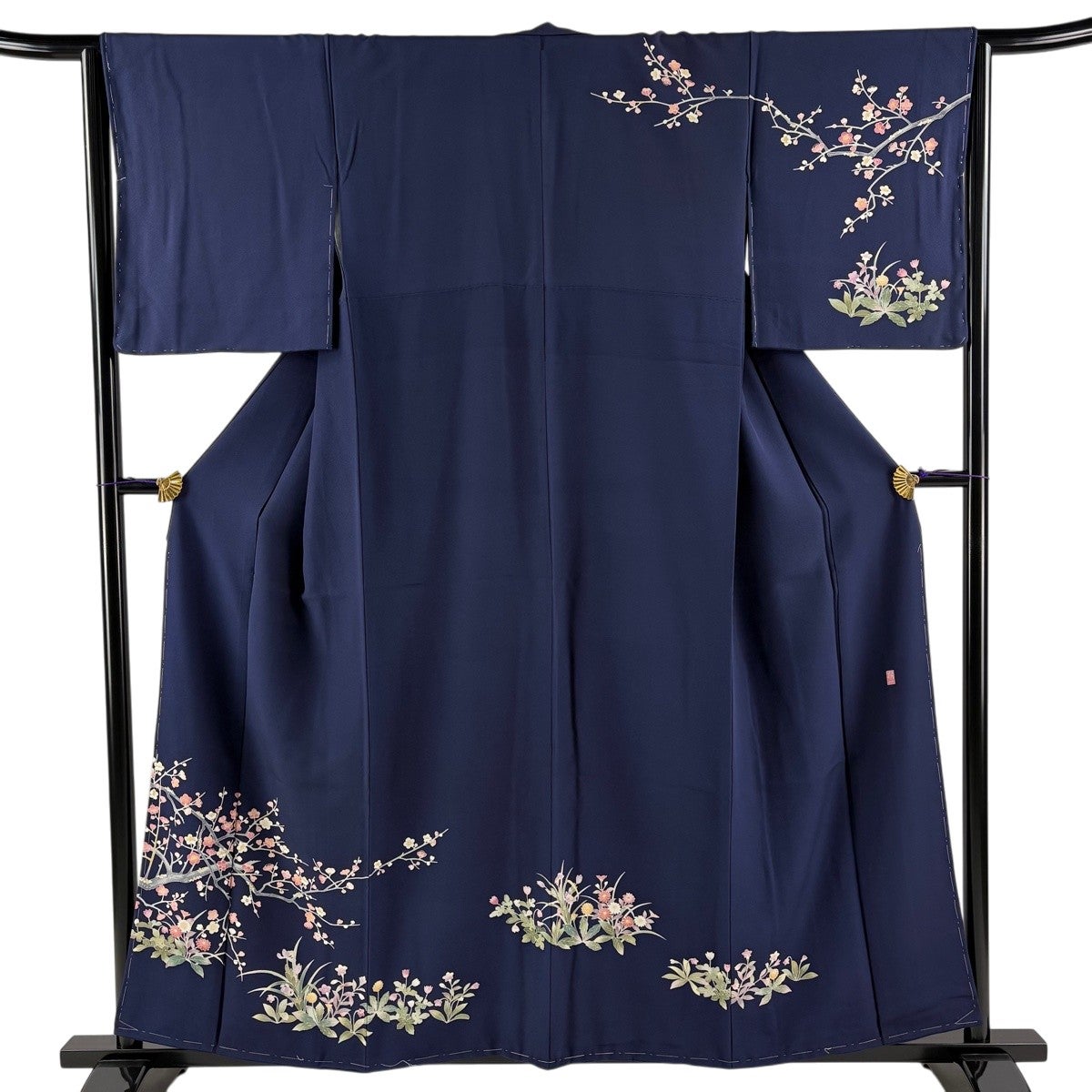 訪問着 身丈157cm 裄丈64cm M 袷 落款あり 枝梅 草花 紺色 正絹 秀品