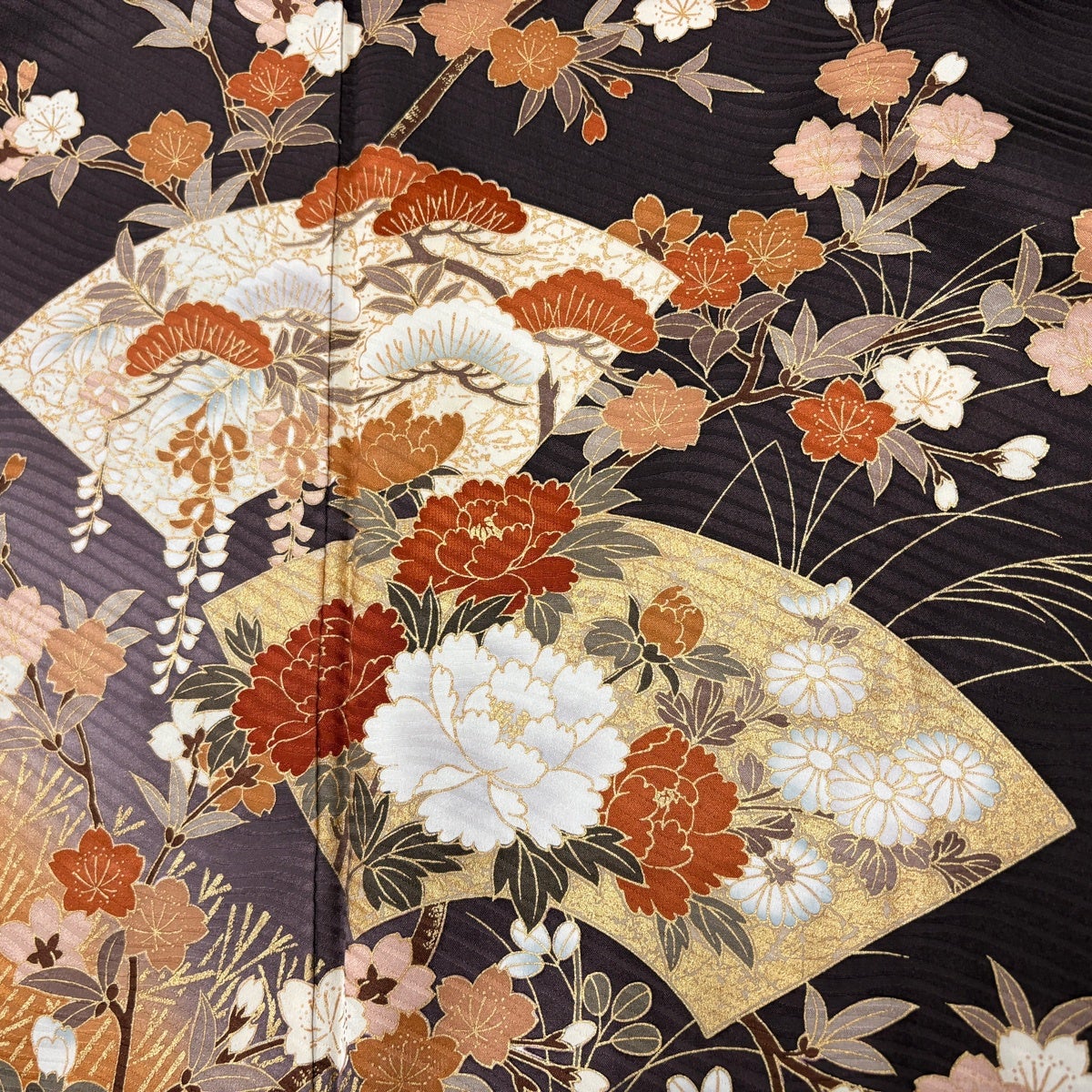 振袖 身丈166.5cm 裄丈67cm M 袷 鈴乃屋 扇面 桜 金彩 ぼかし 濃紫