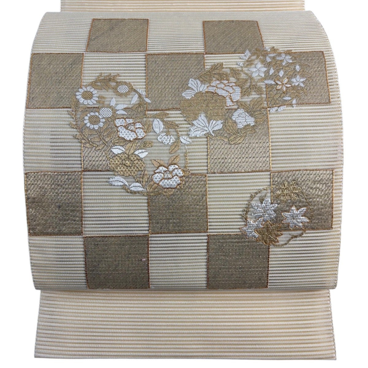 名古屋帯 秀品 夏帯 絽 八寸名古屋帯 花丸文 市松 金糸 箔 クリーム