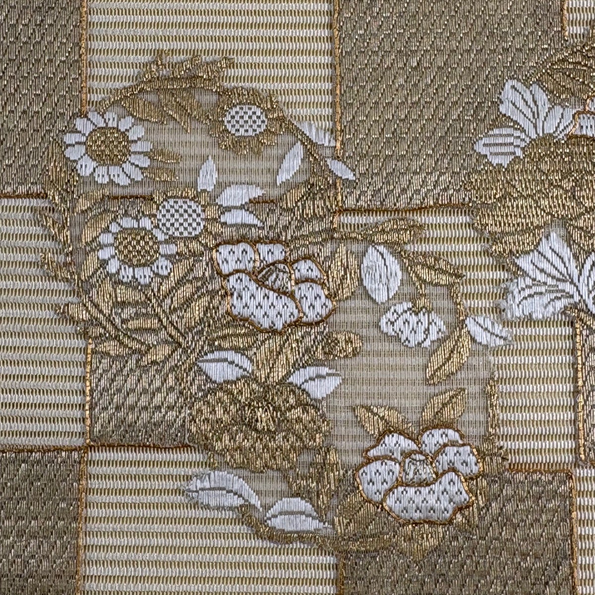 名古屋帯 秀品 夏帯 絽 八寸名古屋帯 花丸文 市松 金糸 箔 クリーム