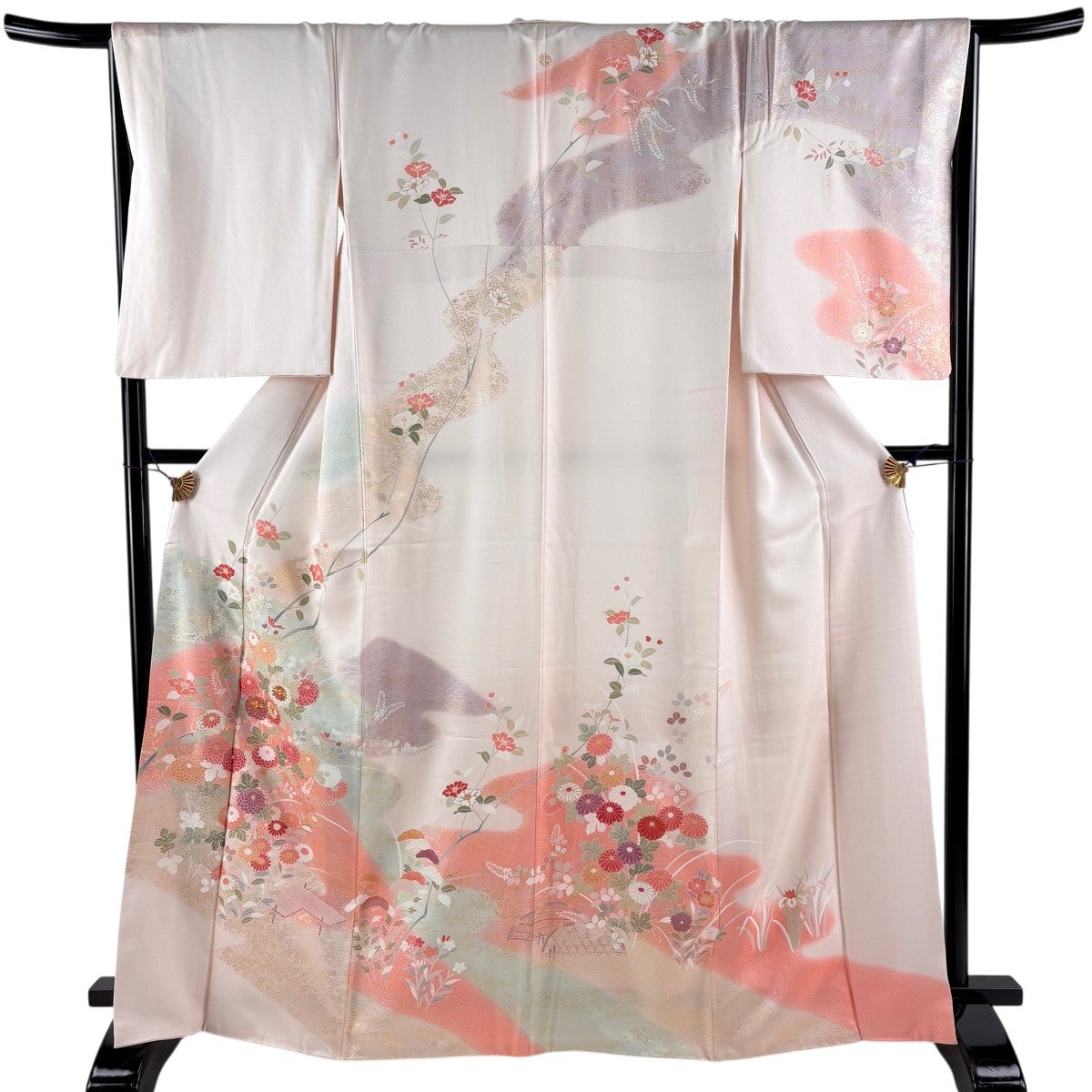 訪問着 身丈167cm 裄丈64.5cm M 袷 草花 枝垂れ桜 銀彩 黒 正絹 名品