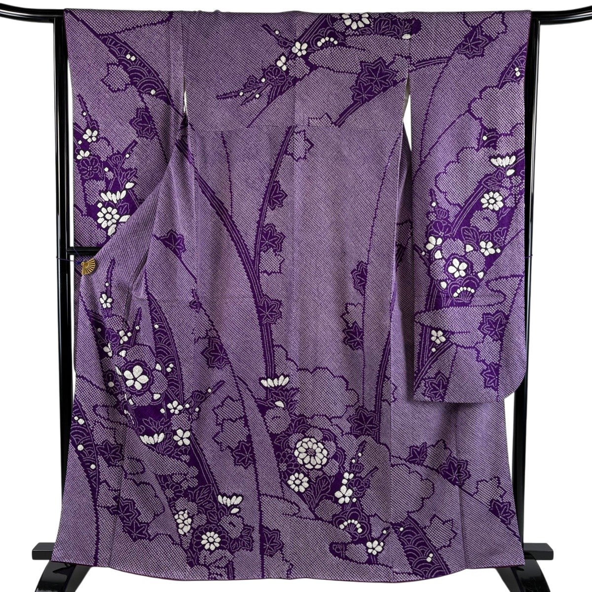 美品】 振袖 身丈163cm 裄丈64cm M 袷 梅 楓 総絞り 紫 正絹 秀品