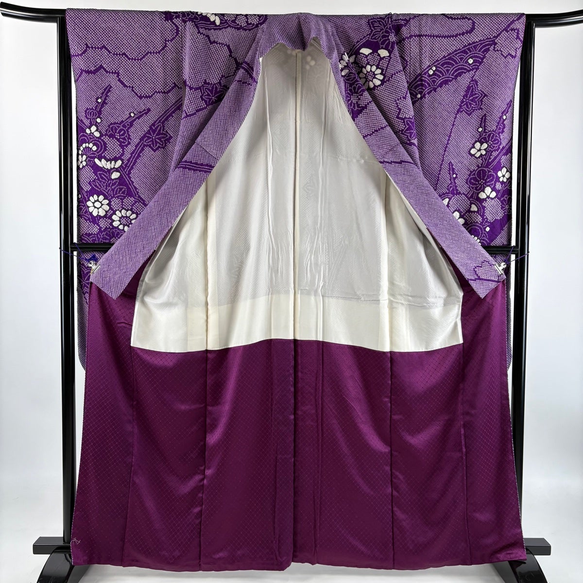 美品】 振袖 身丈163cm 裄丈64cm M 袷 梅 楓 総絞り 紫 正絹 秀品