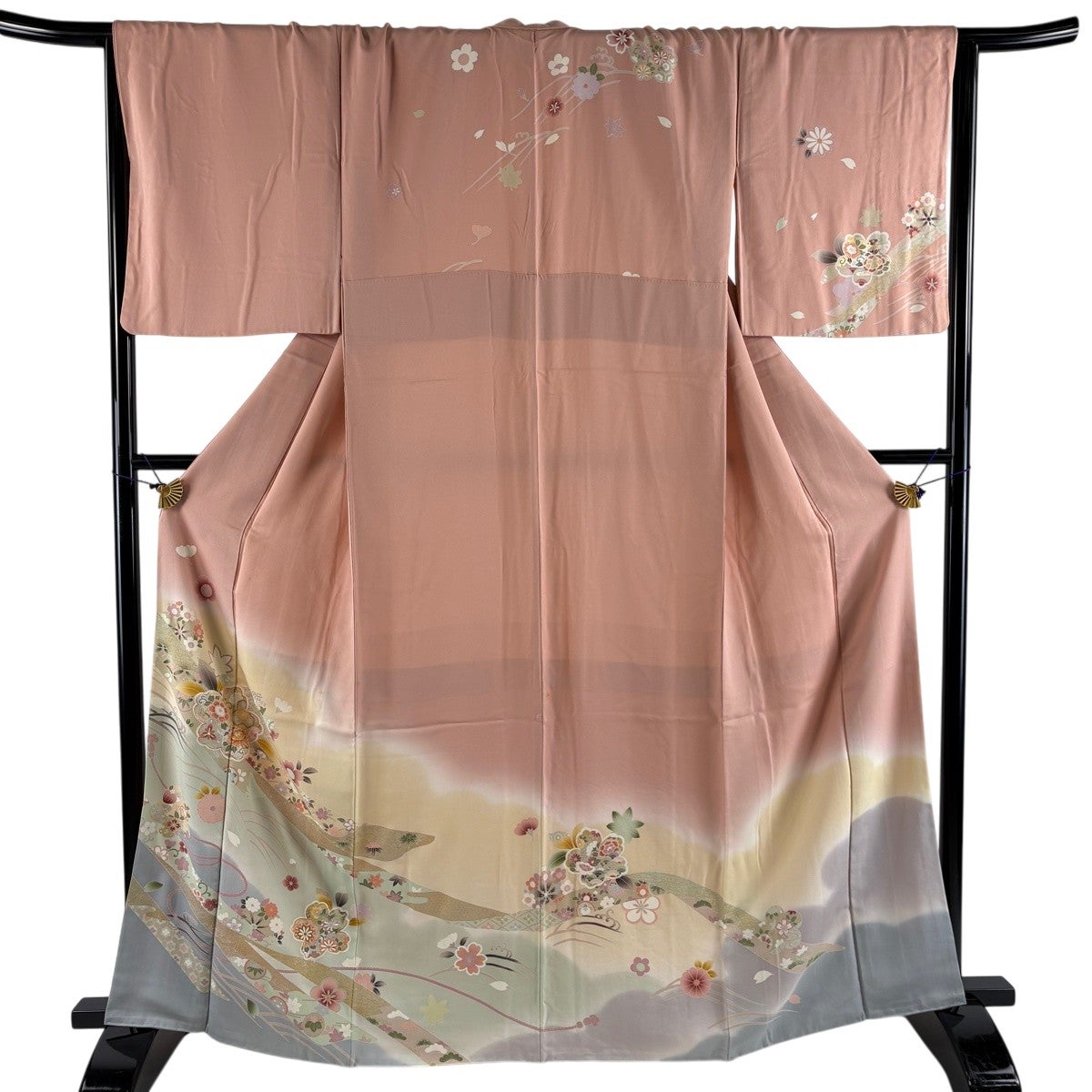 美品】 紬 身丈166cm 裄丈66cm M 単衣 縦縞模様 薄茶色 正絹 名品