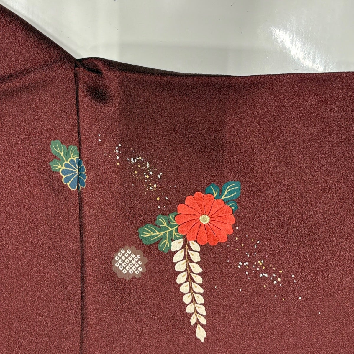 美品】 付下げ 身丈169cm 裄丈68cm L 袷 草花 格子 金銀彩 刺繍 えんじ