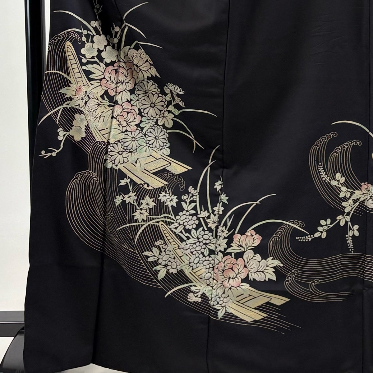 訪問着 身丈168cm 裄丈66cm M 袷 舟 草花 金銀彩 黒 正絹 秀品｜中古