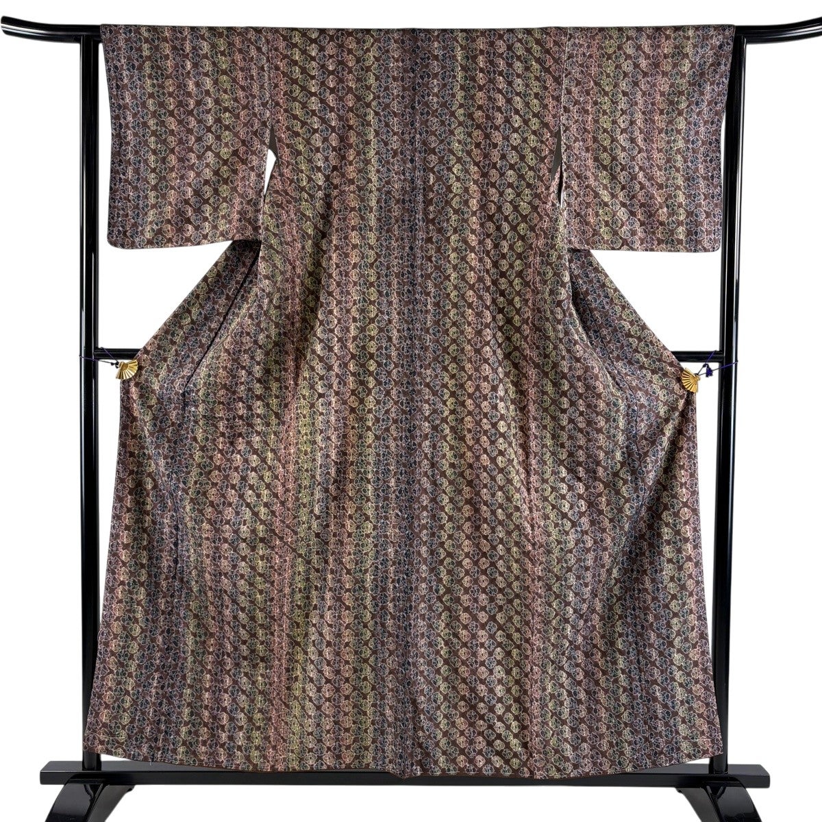 美品】 小紋 身丈157cm 裄丈63.5cm S 袷 紬地 幾何学 茶色 正絹 秀品