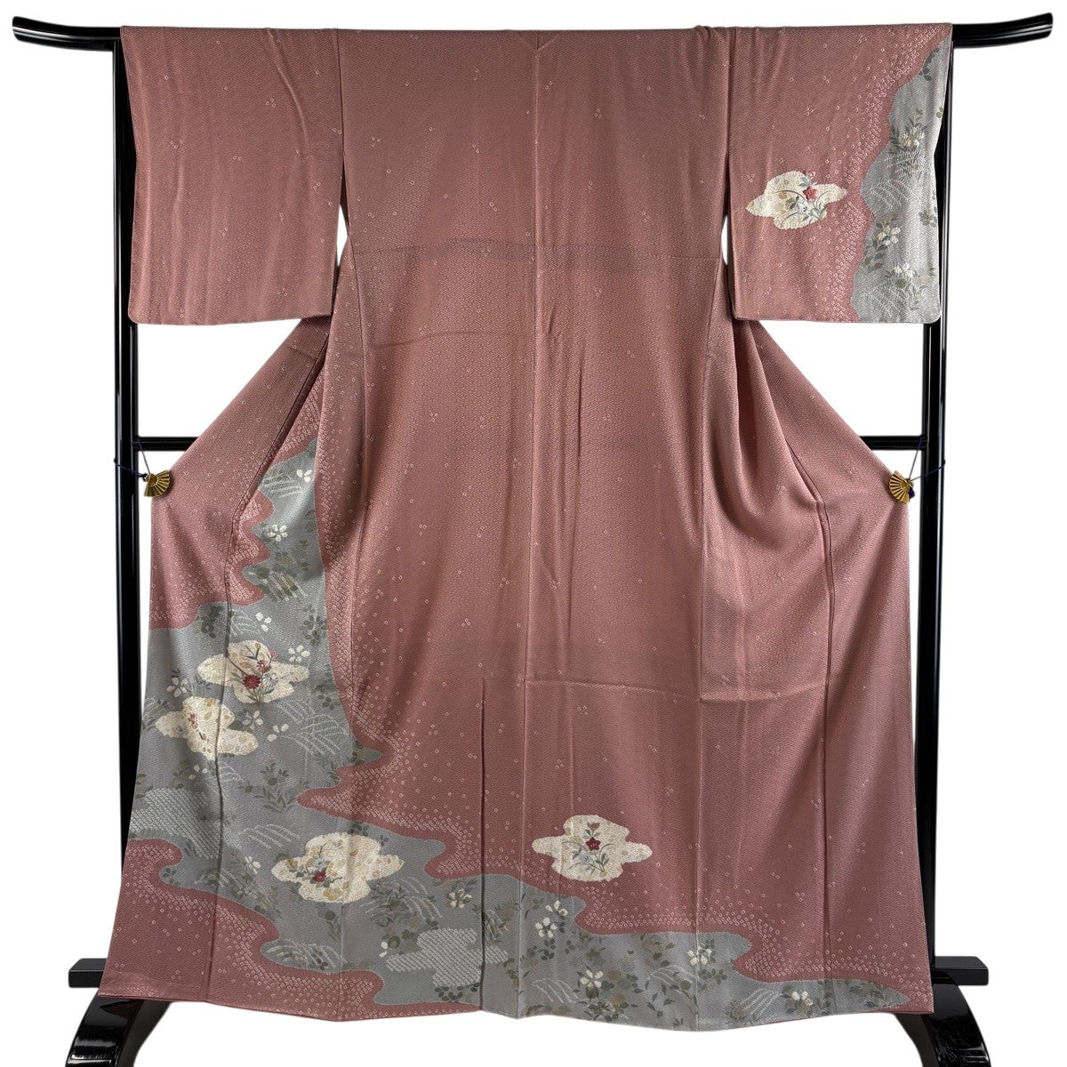 訪問着 身丈161cm 裄丈67.5cm L 袷 波 草花 絞り 金彩 灰緑 正絹 名品