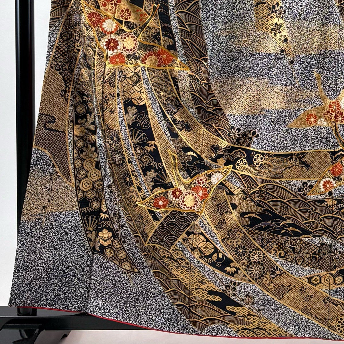 訪問着 身丈159cm 裄丈64cm M 袷 熨斗 鶴 金糸 金彩 黒灰 正絹 秀品