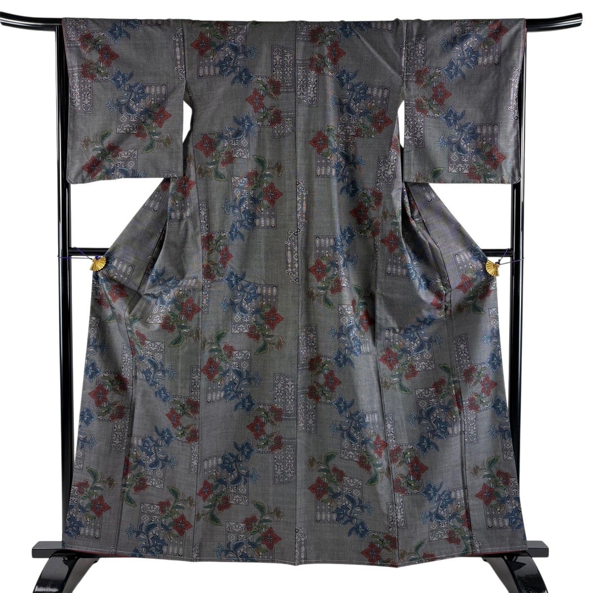 美品】 大島紬 身丈161.5cm 裄丈65.5cm M 袷 証紙あり 草花 幾何学