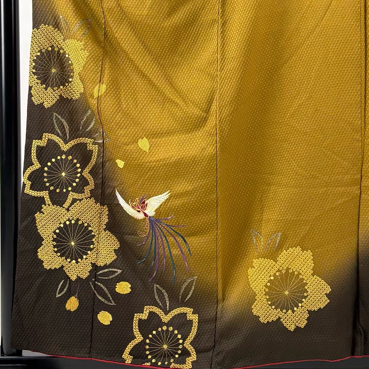 付下げ 身丈157cm 裄丈62.5cm S 袷 桜 鳳凰 金糸 刺繍 茶緑色 正絹 秀