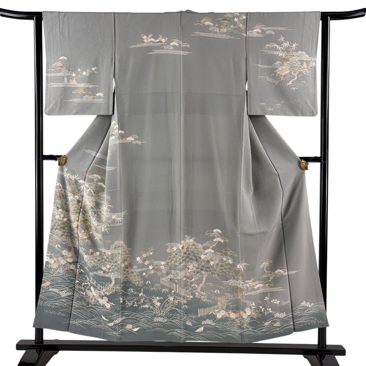 訪問着 身丈156.5cm 裄丈66cm M 袷 落款あり 枝花 竹 金糸 金彩 薄茶色