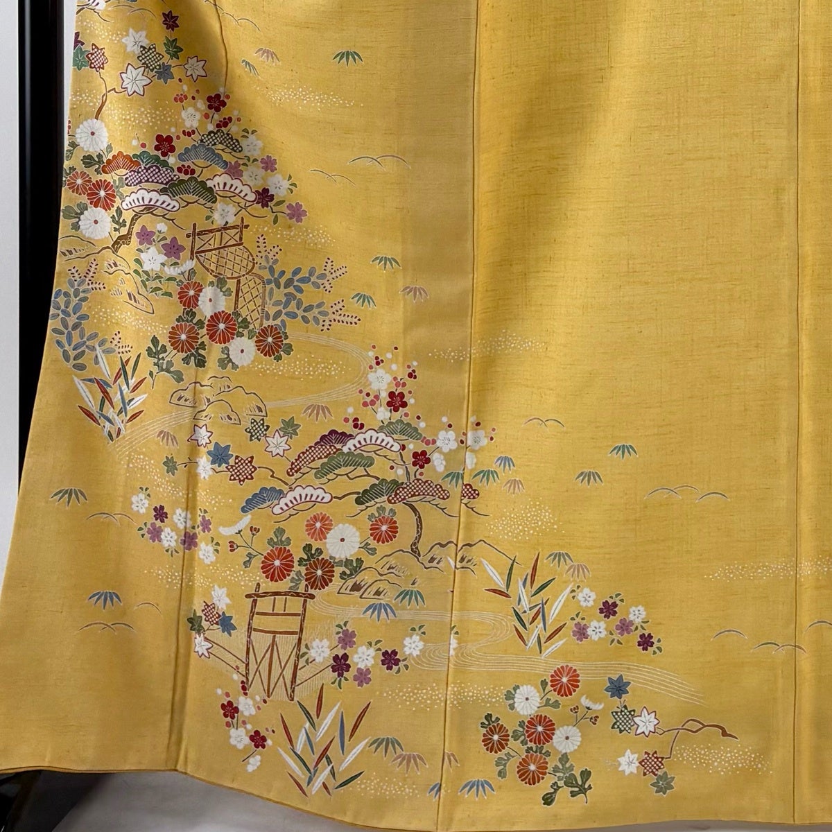 美品】 訪問着 身丈166cm 裄丈66.5cm M 袷 紬地 松竹梅 菊 黄色 正絹