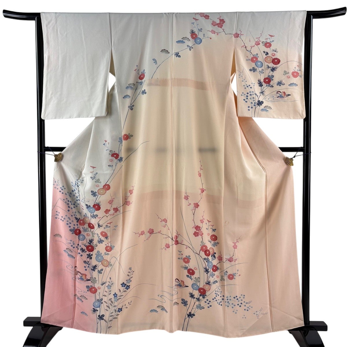 訪問着 身丈161cm 裄丈63cm S 袷 菊 鴛鴦 染め分け ぼかし 灰白 正絹