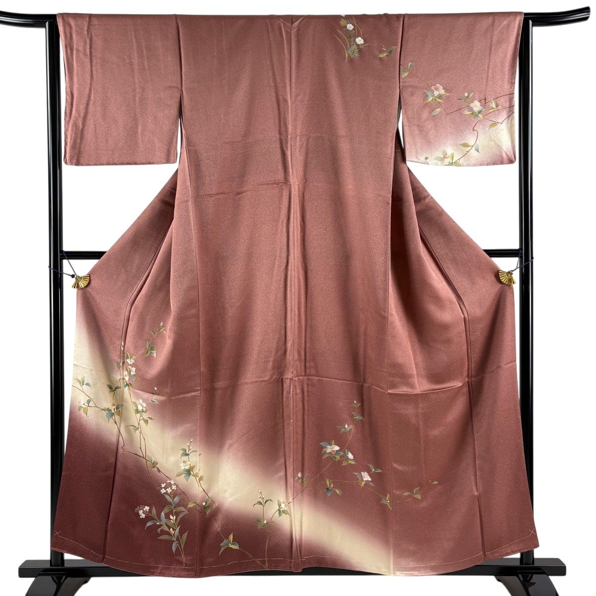 美品】 訪問着 身丈158.5cm 裄丈64cm M 袷 枝花 螺鈿 金彩 小豆色 正絹