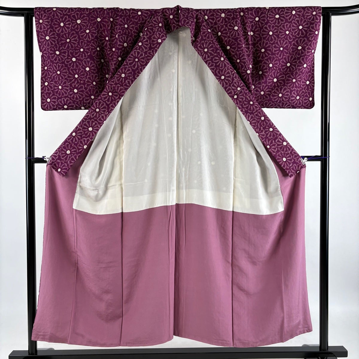 小紋 身丈151cm 裄丈62cm S 袷 花 絞り 紫 正絹 秀品｜中古・古着