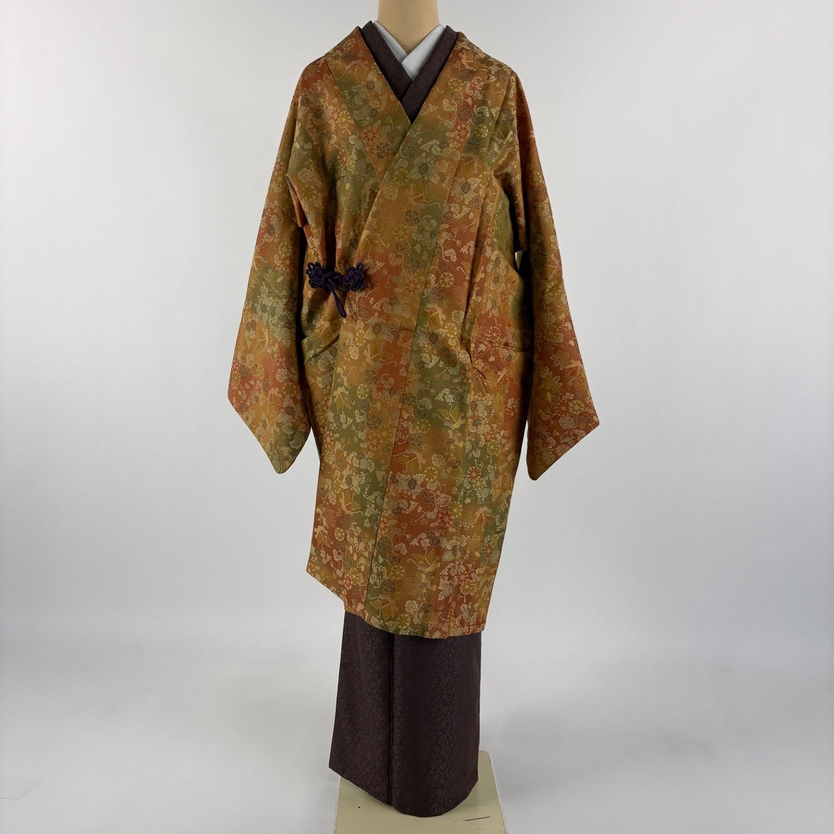 道中着 身丈103.5cm 裄丈70.5cm L 和装コート 鈴乃屋 蝶 草花 オレンジ