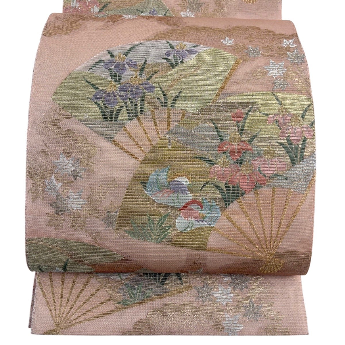 美品】 袋帯 秀品 夏帯 扇 花鳥 金銀糸 薄ピンク お太鼓柄 正絹｜中古