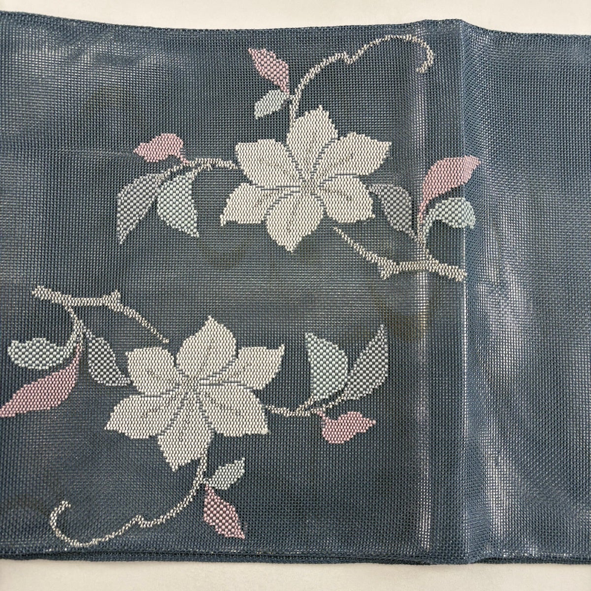 夏帯　薄いグレー 花柄 絽綴れ織袋帯 美品】 袋帯 秀品 夏帯 草花 銀糸 箔 青灰色 お太鼓柄 正絹｜中古