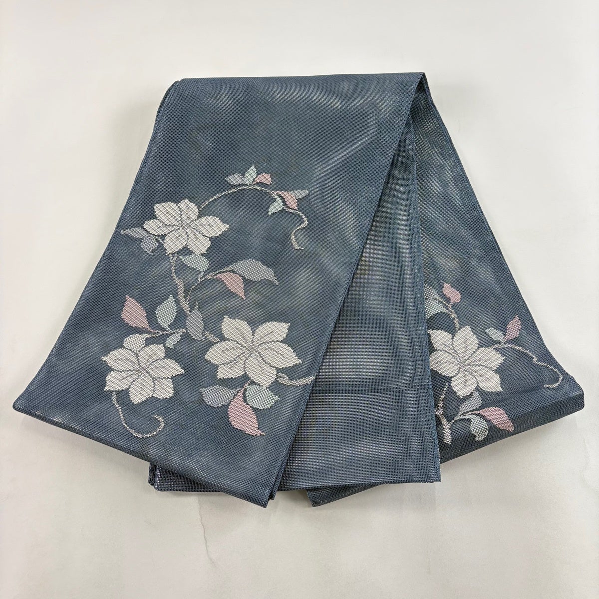 美品】 袋帯 秀品 夏帯 草花 銀糸 箔 青灰色 お太鼓柄 正絹｜中古